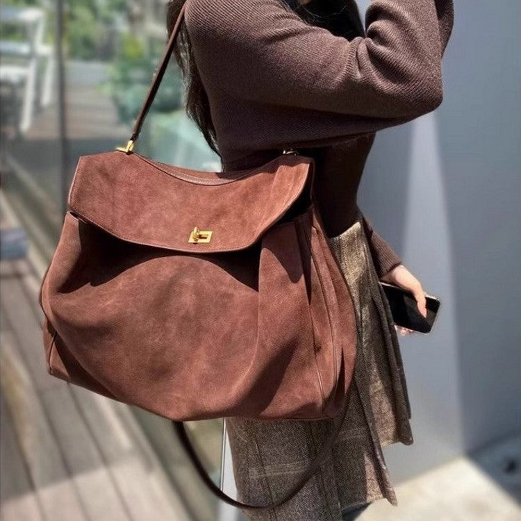 Vintage Autumn Winter Suede Matte Tote Bag, Elegant Shoulder Crossbody Kelly Bag for Women, Large Capacity Commuter Underarm Bag