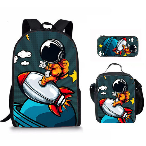Astronaut Space Character Anime Style 3-Piece Set Backpack Lunch Bag Pencil Case Student Organizer Casual Fashion