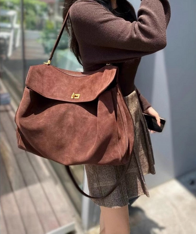 Vintage Autumn Winter Suede Matte Tote Bag, Elegant Shoulder Crossbody Kelly Bag for Women, Large Capacity Commuter Underarm Bag