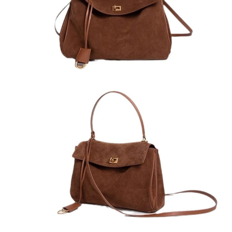 Vintage Autumn Winter Suede Matte Tote Bag, Elegant Shoulder Crossbody Kelly Bag for Women, Large Capacity Commuter Underarm Bag
