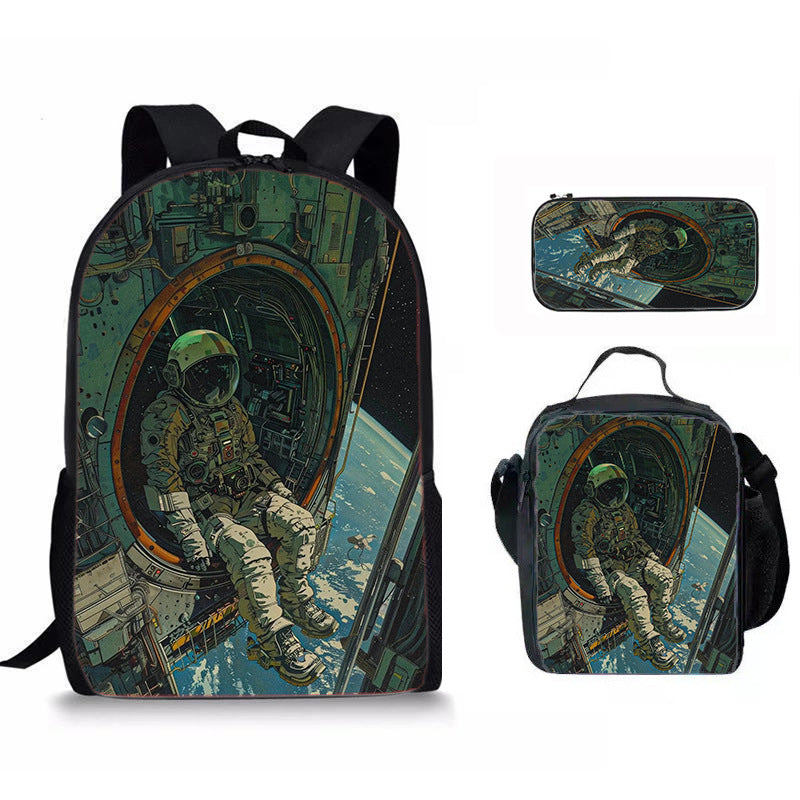 Astronaut Space Character Anime Style 3-Piece Set Backpack Lunch Bag Pencil Case Student Organizer Casual Fashion