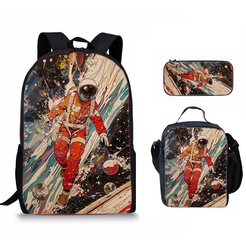 Astronaut Space Character Anime Style 3-Piece Set Backpack Lunch Bag Pencil Case Student Organizer Casual Fashion